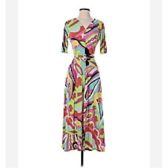 Chaus New York Multicolor Vneck 3/4 Sleeves Abstract Pattern  Dress Size Large - Picture 2 of 8